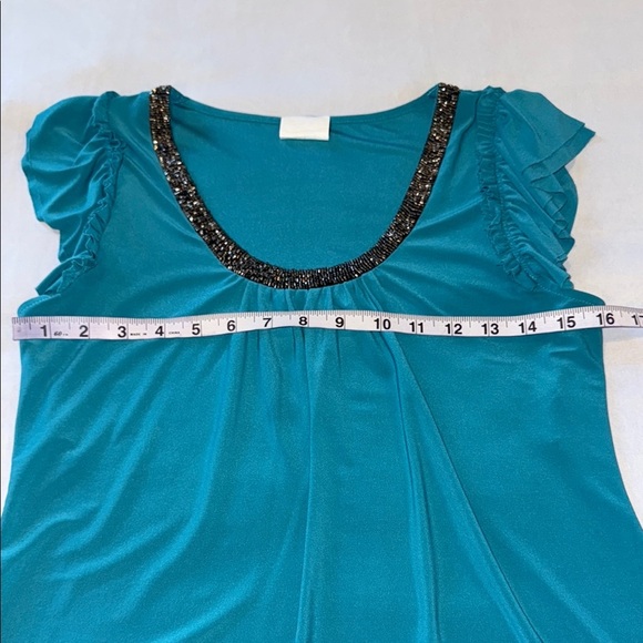 Clientele Shirt Embellished Short Flutter Sleeve Asymmetric Tunic Teal Burgundy - Picture 7 of 15